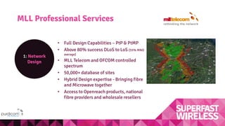 MLL Professional Services
1: Network
Design
• Full Design Capabilities – PtP & PtMP
• Above 80% success DLoS to LoS (55% MNO
average)
• MLL Telecom and OFCOM controlled
spectrum
• 50,000+ database of sites
• Hybrid Design expertise - Bringing fibre
and Microwave together
• Access to Openreach products, national
fibre providers and wholesale resellers
 