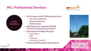 MLL Professional Services
2: Site
Acquisition
• Full Turnkey service & Professional services
– Site owner negotiations
– Planning applications
– AONB specialist
• Code Powers Tier 2 operator (OFCOM
“Electronic Communications Code”)
• Experienced in Multiple site types
– Arqiva, WIG etc
– MNO
– Community
– Streetworks / Greenfield
• Linked and RAG’d against design options
 