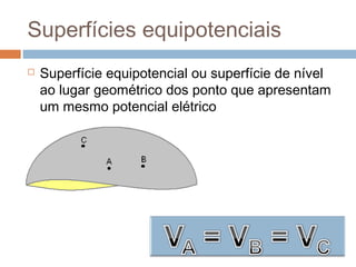 Superfícies equipotenciais
 Superfície equipotencial ou superfície de nível
ao lugar geométrico dos ponto que apresentam
um mesmo potencial elétrico
 