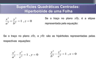 Superfícies Quadráticas Centradas:
                Hiperbolóide de uma Folha

 x2    y2                       Se o traço no plano x0y, é a elipse
              1 ,z     0
 a2    b2                       representada pela equação:



Se o traço no plano x0z, e y0z são as hipérboles representadas pelas
respectivas equações:



      x 2
             z2                     y2    z2
                     1 ,y   0                  1 ,x    0
      a2     c2                     b2    c2
 