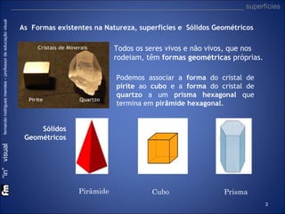 As Formas existentes na Natureza, superfícies e Sólidos Geométricos

Todos os seres vivos e não vivos, que nos
rodeiam, têm formas geométricas próprias.
Podemos associar a forma do cristal de
pirite ao cubo e a forma do cristal de
quartzo a um prisma hexagonal que
termina em pirâmide hexagonal.
Sólidos
Geométricos

“in” visual

fernando rodrigues mendes – professor de educação visual

___________________________________________________________ superfícies

Pirâmide

Cubo

Prisma
3

 