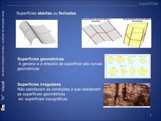 “in” visual

fernando rodrigues mendes – professor de educação visual

___________________________________________________________ superfícies
Superfícies abertas ou fechadas

Superfícies geométricas
A geratriz e a directriz da superfície são curvas
geométricas

Superfícies irregulares
Não satisfazem as condições a que obedecem
as superfícies geométricas
ex: superfícies topográficas

7

 