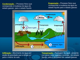 Condensação – Processo físico que                      Evaporação – Processo físico que
corresponde à mudança da água do                       corresponde à mudança da água do
estado gasoso para o estado líquido                    estado líquido para o estado gasoso




                                           1



                             2




                                                         4
                                       3


Infiltração – Movimento da água por            Transpiração – Passagem da água , presente
acção da gravidade que a obriga a ir           nos seres vivos vegetais e animais , em estado
para o interior do solo.                       líquido, para a atmosfera em estado gasoso
 