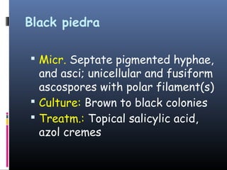 Black piedra

 Micr. Septate pigmented hyphae,
  and asci; unicellular and fusiform
  ascospores with polar filament(s)
 Culture: Brown to black colonies
 Treatm.: Topical salicylic acid,
  azol cremes
 