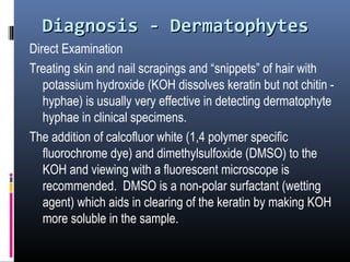 Diagnosis - Dermatophytes
Direct Examination
Treating skin and nail scrapings and “snippets” of hair with
   potassium hydroxide (KOH dissolves keratin but not chitin -
   hyphae) is usually very effective in detecting dermatophyte
   hyphae in clinical specimens.
The addition of calcofluor white (1,4 polymer specific
   fluorochrome dye) and dimethylsulfoxide (DMSO) to the
   KOH and viewing with a fluorescent microscope is
   recommended. DMSO is a non-polar surfactant (wetting
   agent) which aids in clearing of the keratin by making KOH
   more soluble in the sample.
 