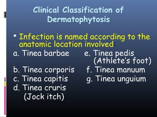 Clinical Classification of
         Dermatophytosis

 Infection is named according to the
  anatomic location involved:
a. Tinea barbae     e. Tinea pedis
                       (Athlete’s foot)
b. Tinea corporis f. Tinea manuum
c. Tinea capitis     g. Tinea unguium
d. Tinea cruris
   (Jock itch)
 