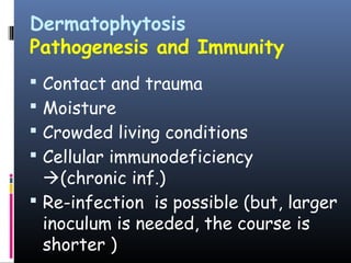 Dermatophytosis
Pathogenesis and Immunity
 Contact and trauma
 Moisture
 Crowded living conditions
 Cellular immunodeficiency
  (chronic inf.)
 Re-infection is possible (but, larger
  inoculum is needed, the course is
  shorter )
 