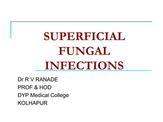 SUPERFICIAL
FUNGAL
INFECTIONS
Dr R V RANADE
PROF & HOD
DYP Medical College
KOLHAPUR
 