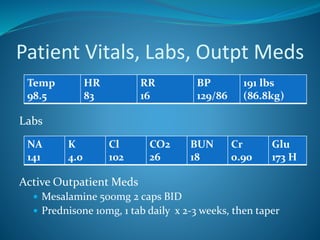 Patient Vitals, Labs, Outpt Meds
Labs
Active Outpatient Meds
 Mesalamine 500mg 2 caps BID
 Prednisone 10mg, 1 tab daily x 2-3 weeks, then taper
Temp
98.5
HR
83
RR
16
BP
129/86
191 lbs
(86.8kg)
NA
141
K
4.0
Cl
102
CO2
26
BUN
18
Cr
0.90
Glu
173 H
 