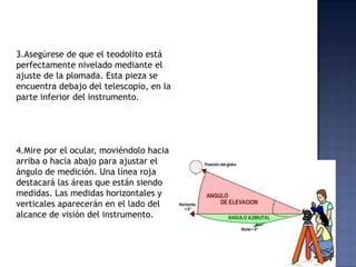 3.Asegúrese de que el teodolito está
perfectamente nivelado mediante el
ajuste de la plomada. Esta pieza se
encuentra deba...