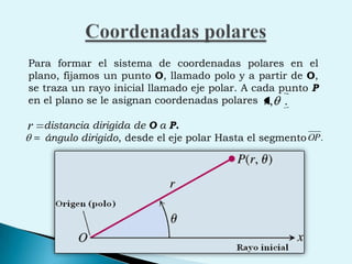 Coordenadas polaresPara formar el sistema de coordenadas polares en el plano, fijamos un punto O, llamado polo y a partir de O, se traza un rayo inicial llamado eje polar. A cada punto P en el plano se le asignan coordenadas polares     distancia dirigida de O a P.ángulo dirigido, desde el eje polar Hasta el segmento  