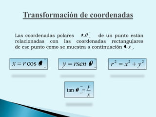 Las coordenadas polares           de un punto están relacionadas con las coordenadas rectangulares           de ese punto como se muestra a continuación       .Transformación de coordenadas