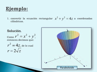 Ejemplo:convertir  la  ecuación  rectangular                          a  coordenadas cilíndricas.   Solución.Como                           ,entonces decimos que:                 , de lo cual  Paraboloide