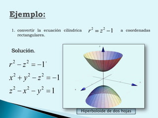 Ejemplo:convertir  la  ecuación  cilíndrica                           a  coordenadas rectangulares.   Solución.                           ,Hiperboloide de dos hojas
