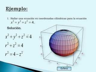 Ejemplo:Hallar una ecuación en coordenadas cilíndricas para la ecuación   Solución.                           ,Esfera