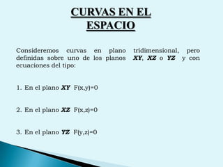 CURVAS EN EL ESPACIOConsideremos curvas en plano tridimensional, pero definidas sobre uno de los planos  XY, XZ o YZ  y con ecuaciones del tipo:En el plano XY  F(x,y)=0En el plano XZ  F(x,z)=0En el plano YZ  F(y,z)=0