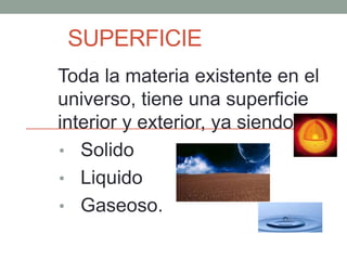 SUPERFICIE
Toda la materia existente en el
universo, tiene una superficie
interior y exterior, ya siendo
• Solido
• Liquid...