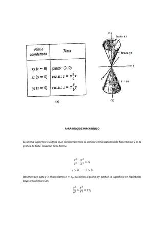 PARABOLOIDE HIPERBÓLICO



La última superficie cuádrica que consideraremos se conoce como paraboloide hiperbólico y es la
gráfica de toda ecuación de la forma



                                           ‫ݕ‬ଶ ‫ ݔ‬ଶ
                                             −    = ܿ‫ݖ‬
                                           ܽଶ ܾ ଶ

                                         ܽ > 0,     ܾ>0

Observe que para ܿ > 0,los planos ‫ݖ = ݖ‬଴ , paralelos al plano ‫ ,ݕݔ‬cortan la superficie en hipérbolas
cuyas ecuaciones son

                                          ‫ݕ‬ଶ ‫ݔ‬ଶ
                                            −   = ܿ‫ݖ‬଴
                                          ܽଶ ܾଶ
 