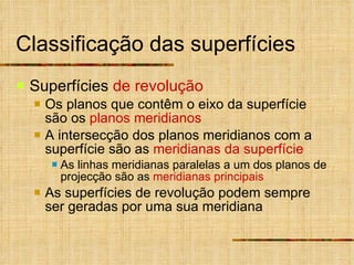 Classificação das superfícies Superfícies  de revolução Os planos que contêm o eixo da superfície são os  planos meridianos A intersecção dos planos meridianos com a superfície são as  meridianas da superfície As linhas meridianas paralelas a um dos planos de projecção são as  meridianas principais As superfícies de revolução podem sempre ser geradas por uma sua meridiana 