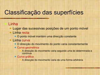 Classificação das superfícies Linha Lugar das sucessivas posições de um ponto móvel Linha  recta O ponto móvel mantém uma direcção constante Linha  curva O direcção do movimento do ponto varia constantemente Curva geométrica A direcção do movimento varia segundo uma lei determinada e contínua Curva gráfica A direcção do movimento varia de uma forma arbitrária 
