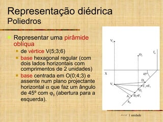 Representação diédrica Poliedros Representar uma  pirâmide oblíqua   de  vértice  V(5;3;6) base  hexagonal regular (com dois lados horizontais com comprimentos de 2 unidades) base  centrada em O(0;4;3) e assente num plano projectante horizontal    que faz um ângulo de 45º com   0  (abertura para a esquerda). X  E 1  F 1 h  1 unidade O 1 O 2 V 1 V 2 C 1 A 1 45º B 1 D 1 f  