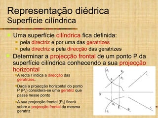 Representação diédrica Superfície cilíndrica Uma superfície  cilíndrica  fica definida: pela  directriz  e por uma das  geratrizes pela  directriz  e pela  direcção  das geratrizes g 1 g 2 Determinar a  projecção frontal  de um ponto P da superfície cilíndrica conhecendo a sua  projecção horizontal A recta r indica a  direcção  das  geratrizes . Dada a projecção horizontal do ponto P (P 1 ) considera-se uma  geratriz  que passe nesse ponto A sua projecção frontal (P 2 ) ficará sobre a  projecção frontal  da mesma geratriz X d 1 d 2 r 2 r 1 A 1 A 2 P 1 P 2 