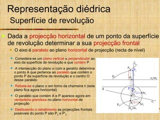 Representação diédrica   Superfície de revolução Dada a  projecção horizontal  de um ponto da superfície de revolução determinar a sua  projecção frontal O eixo é  paralelo  ao plano  horizontal  de projecção (recta de nível) Considera-se um  plano vertical      perpendicular  ao eixo da superfície de revolução e que  contém  P A intersecção do plano    com a geratriz determina o ponto A que pertence ao  paralelo  que contém o ponto P da superfície de revolução e o centro O desse paralelo Rebate-se  o plano    em torno da charneira n (este plano fica agora horizontal) O paralelo que contém A e P aparece agora em  verdadeira grandeza  no plano  horizontal  de projecção Desfazendo o rebatimento  as projecções frontais possíveis do ponto P são P 2  e P’ 2 h   n 1  n 2 X g 1 g 2 P 1 e 2 e 1 A 2 P 2 A 1 O 1 O 2 Ar 1 Pr 1 P’ 2 f  