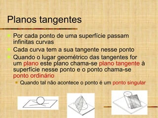 Planos tangentes Por cada ponto de uma superfície passam infinitas curvas Cada curva tem a sua tangente nesse ponto Quando o lugar geométrico das tangentes for um  plano  este plano chama-se  plano tangente  à superfície nesse ponto e o ponto chama-se  ponto ordinário Quando tal não acontece o ponto é um  ponto singular 