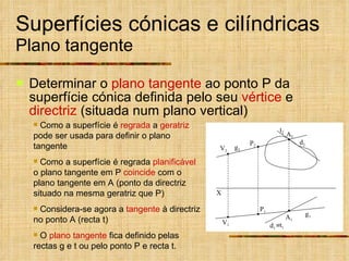 Determinar o  plano tangente  ao ponto P da superfície cónica definida pelo seu  vértice  e  directriz  (situada num plano vertical) Superfícies cónicas e cilíndricas Plano tangente g 1 g 2 t 2  t 1 Como a superfície é  regrada  a  geratriz  pode ser usada para definir o plano tangente Como a superfície é regrada  planificável  o plano tangente em P  coincide  com o plano tangente em A (ponto da directriz situado na mesma geratriz que P) Considera-se agora a  tangente  à directriz no ponto A (recta t) O  plano tangente  fica definido pelas rectas g e t ou pelo ponto P e recta t. X V 1 V 2 d 1 d 2 P 1 P 2 A 2 A 1 