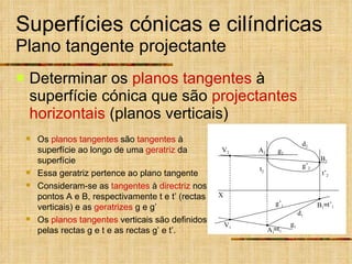 Superfícies cónicas e cilíndricas Plano tangente projectante Determinar os  planos tangentes  à superfície cónica que são  projectantes horizontais  (planos verticais)  t 1 Os  planos tangentes  são  tangentes  à superfície ao longo de uma  geratriz  da superfície Essa geratriz pertence ao plano tangente Consideram-se as  tangentes  à  directriz  nos pontos A e B, respectivamente t e t’ (rectas verticais) e as  geratrizes  g e g’  Os  planos tangentes  verticais são definidos pelas rectas g e t e as rectas g’ e t’.  t’ 1 t 2 t’ 2 X V 1 V 2 d 1 d 2 B 1 B 2 A 2 A 1 g 2 g 1 g’ 1 g’ 2 