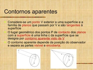 Contornos aparentes Considere-se um  ponto  V exterior a uma superfície e a família de  planos  que passam por V e são  tangentes  à superfície O lugar geométrico dos pontos P de  contacto  dos  planos  com a  superfície  é uma linha c da superfície que se designa por  contorno aparente visto de V O contorno aparente depende da posição do observador e separa as partes  visível  e  encoberta . c c 