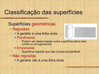 Classificação das superfícies Superfícies  geométricas Regradas A geratriz é uma linha recta Planificáveis Podem ser desenroladas numa superfície plana sem cortes ou enrugamentos Empenadas Superfície regrada que não é possível planificar Não regradas A geratriz não é uma linha recta 