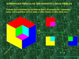 http://arrobadtgd.mex.tl/ SUPERFICIES PARALELAS CON BORDES Y LÍNEAS VISIBLES Cuando una superficie es paralela al plano de proyección, aparecerá como una superficie en una vista y como líneas en lasa otras dos. 