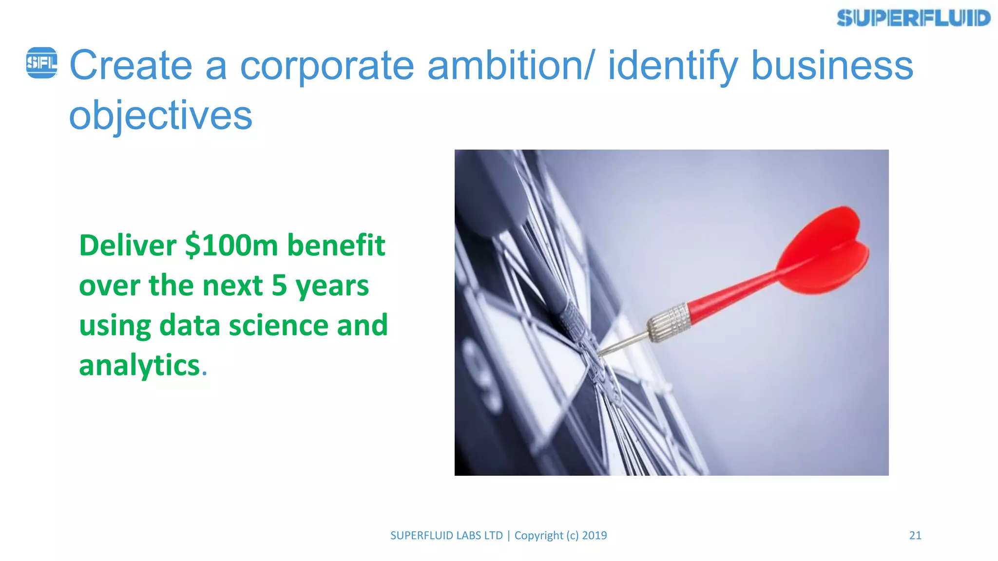 21SUPERFLUID LABS LTD | Copyright (c) 2019
Create a corporate ambition/ identify business
objectives
Deliver $100m benefit
over the next 5 years
using data science and
analytics.
 