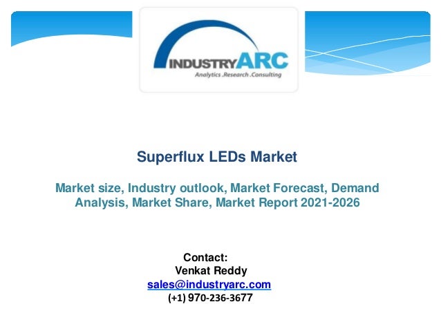 Superflux LEDs Market
Market size, Industry outlook, Market Forecast, Demand
Analysis, Market Share, Market Report 2021-2026
Contact:
Venkat Reddy
sales@industryarc.com
(+1) 970-236-3677
 