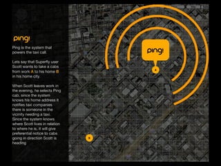 superﬂy conceptual design
high level user ﬂow




                                      Public Transport



                                            The system retrieves            A list of public
                                           geolocation data from          transport options
                                           iPhone and collects a          that are available
                                          list of local bus routing             appear
                                         info and metro/subways




                             User
                            selects
                                      Taxi



                                               If there is a Taxi          User selects
                                              around and its is         Ping! and a Taxi is
                                             free it will show up     alerted that a potential
                                                   on the list.        passenger is around
                                                                               Ping!
 