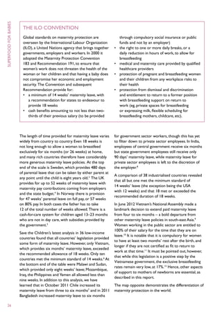 superfood for babies



                         THE ILO Convention
                         Global standards on maternity protection are                  through compulsory social insurance or public
                         overseen by the International Labour Organization             funds and not by an employer)
                         (ILO), a United Nations agency that brings together      •	   the right to one or more daily breaks, or a
                         governments, employers and workers. In 2000 it                daily reduction in hours of work, to allow for
                         adopted the Maternity Protection Convention                   breastfeeding
                         183 and Recommendation 191, to ensure that               •	   medical and maternity care provided by qualified
                         women’s work does not threaten the health of the              healthcare providers
                         woman or her children and that having a baby does        •	   protection of pregnant and breastfeeding women
                         not compromise her economic and employment                    and their children from any workplace risks to
                         security. The Convention and subsequent                       their health
                         Recommendation provide for:                              •	   protection from dismissal and discrimination
                         •	 a minimum of 14 weeks’ maternity leave, with               and entitlement to return to a former position
                            a recommendation for states to endeavour to                with breastfeeding support on return to
                            provide 18 weeks                                           work (eg, private spaces for breastfeeding
                         •	 cash benefits amounting to not less than two-              or expressing milk, flexible scheduling for
                            thirds of their previous salary (to be provided            breastfeeding mothers, childcare, etc).



                       The length of time provided for maternity leave varies     for government sector workers, though this has yet
                       widely from country to country. Even 18 weeks is           to filter down to private sector employees. In India,
                       not long enough to allow a woman to breastfeed             employees of central government receive six months
                       exclusively for six months (or 26 weeks) at home,          but state government employees still receive only
                       and many rich countries therefore have considerably        90 days’ maternity leave, while maternity leave for
                       more generous maternity leave policies. At the top         private sector employees is left to the discretion of
                       end of the scale is Sweden, which provides 480 days        the employer.8
                       of parental leave that can be taken by either parent at
                                                                                  A comparison of 38 industrialised countries revealed
                       any point until the child is eight years old.3 The UK
                                                                                  that all but one met the minimum standard of
                       provides for up to 52 weeks of maternity leave with
                                                                                  14 weeks’ leave (the exception being the USA
                       maternity pay contributions coming from employers
                                                                                  with 12 weeks) and that 18 met or exceeded the
                       and the state budget.4 In Norway there is provision
                                                                                  recommended duration of 18 weeks.
                       for 47 weeks’ parental leave on full pay, or 57 weeks
                       on 80% pay. In both cases the father has to take           In June 2012 Vietnam’s National Assembly made a
                       12 of the total number of weeks allowed. There is a        landmark decision to extend paid maternity leave
                       cash-for-care system for children aged 13–23 months        from four to six months – a bold departure from
                       who are not in day care, with subsidies provided by        other maternity leave policies in south-east Asia.9
                       the government.5                                           Women working in the public sector are entitled to
                                                                                  100% of their salary for the time that they are on
                       Save the Children’s latest analysis in 36 low-income
                                                                                  leave.10 It is notable that it is compulsory for women
                       countries found that all countries’ legislation provided
                                                                                  to have at least two months’ rest after the birth, and
                       some form of maternity leave. However, only Vietnam,
                                                                                  longer if they are not certified as fit to return to
                       which provides six months’ maternity leave, exceeded
                                                                                  work at that time.11 It must be pointed out, however,
                       the recommended allowance of 18 weeks. Only ten
                                                                                  that while this legislation is a positive step by the
                       countries met the minimum standard of 14 weeks.6 At
                                                                                  Vietnamese government, the exclusive breastfeeding
                       the bottom end of the table were Malawi and Sudan,
                                                                                  rates remain very low, at 17%.12 Hence, other aspects
                       which provided only eight weeks’ leave; Mozambique,
                                                                                  of support to mothers of newborns are essential, as
                       Iraq, the Philippines and Yemen all allowed less than
                                                                                  described in this report.
                       nine weeks. In addition to this analysis, we have
                       learned that in October 2011 Chile increased its           The map opposite demonstrates the differentiation of
                       maternity leave from three to six months7 and in 2011      maternity protection in the world.
                       Bangladesh increased maternity leave to six months

  26
 
