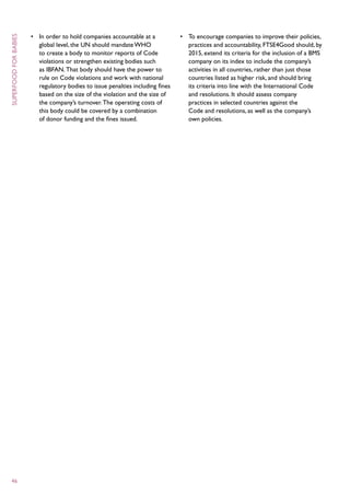 •	 In order to hold companies accountable at a            •	 To encourage companies to improve their policies,
superfood for babies



                          global level, the UN should mandate WHO                   practices and accountability, FTSE4Good should, by
                          to create a body to monitor reports of Code               2015, extend its criteria for the inclusion of a BMS
                          violations or strengthen existing bodies such             company on its index to include the company’s
                          as IBFAN. That body should have the power to              activities in all countries, rather than just those
                          rule on Code violations and work with national            countries listed as higher risk, and should bring
                          regulatory bodies to issue penalties including fines      its criteria into line with the International Code
                          based on the size of the violation and the size of        and resolutions. It should assess company
                          the company’s turnover. The operating costs of            practices in selected countries against the
                          this body could be covered by a combination               Code and resolutions, as well as the company’s
                          of donor funding and the fines issued.                    own policies.




 46
 