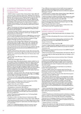5  Maternity protection: lack of                                                        26
                                                                                                                 Vyas, J, Effective micro-insurance and micro-health insurance programs to
superfood for babies


                                                                                                               reduce vulnerability: self employed women’s association, prepared for the
                       legislation to enable mothers                                                           Global Micro Credit Summit, 2006, http://www.microcreditsummit.org/papers/
                       to breastfeed                                                                           Workshops/11_Vyas.pdf
                       1
                           UNICEF, Handbook on Legislative Reform: Realising Children’s Rights, 2008, p260
                                                                                                               27
                                                                                                                 UNICEF, Handbook on Legislative Reform: Realising Children’s Rights, 2008, p261;
                                                                                                               ILO, Social Protection Sector Implementation Report 2000-2001
                       2
                         International Labour Organization, 87th Session 1999, Report V(1), Maternity
                       Protection at Work, Revision of the Maternity Protection Convention (Revised),
                                                                                                               28
                                                                                                                 Holmes, R and Slater, R, Conditional Cash Transfers: What implications for equality
                       1952 (No. 103), and Recommendation, 1952 (No. 95). Thereafter, the ILO                  and social cohesion? The experience of Oportunidades in Mexico, A case study in
                       passed convention C183, Maternity Protection Convention, 2000 (No. 183),                the EUROsociAL case studies publication series, 2007, ODI
                       setting out the updates to the 1952 Convention. While Convention 183, Art.              29
                                                                                                                 Maluccio, J A, and Flores, R, Impact Evaluation of a Conditional Cash Transfer
                       4(1) establishes an ILO standard norm for maternity leave of 14 weeks, a                Program: The Nicaraguan Red de Protección Social, Research reports 141, 2005,
                       subsequent Recommendation 191, Para. 1(1) calls on states to endeavour to               International Food Policy Research Institute
                       extend this period to 18 weeks. See ILO, Maternity at Work: Review of national          30
                                                                                                                 Sibson, V, Review of the impact of cash transfers on child nutrition in the
                       legislation, p5                                                                         delta of Myanmar, April 2011 (unpublished report)
                       3
                        Killian, E, ‘Parental leave: the Swedes are the most generous’, 8 August 2011,
                       NPR, www.npr.org/blogs/babyproject/2011/08/09/139121410/parental-leave-
                       the-swedes-are-the-most-generous                                                        6 breast-milk substitute companies
                       4
                        Consisting of 26 weeks of ordinary maternity leave and 26 weeks of additional          facing conflict of interest
                       maternity leave. For details, see ‘Statutory maternity pay’, web page, gov.UK,          1
                                                                                                                Euromonitor, Safety First: Global baby food opportunities and challenges to 2015,
                       www.gov.uk/statutory-maternity-pay
                                                                                                               February 2011
                       5
                        For the 13–18 month age group the amount is 5,000 NOK per month and for                2
                                                                                                                Palmer, G, The Politics of Breastfeeding: When breasts are bad for business, Pinter
                       parents of children aged 18–23 months the amount is 3,303 NOK per month.
                                                                                                               & Martin
                       6
                        Burkina Faso, Cameroon, Côte d’Ivoire, Democratic Republic of Congo,                   3
                                                                                                                WHO, The International Code on Marketing Breast-milk Substitutes 1981,
                       Madagascar, Mali, Niger, South Africa, Turkey and Vietnam
                                                                                                               http://apps.who.int/iris/bitstream/10665/40382/1/9241541601.pdf
                       7
                        Government of Chile, ‘President Piñera celebrates as 6-month postnatal                 4
                                                                                                                   Article 11.3 of the Code
                       maternity leave comes into effect: “This is a historic day”’, web page, http://
                       www.gob.cl/english/featured/2011/10/18/president-pinera-celebrates-as-6-
                                                                                                               5
                                                                                                                   UN Convention on the Rights of the Child 1989
                       month-postnatal-maternity-leave-comes-into-effect-this-is-a-histori.htm                 6
                                                                                                                Faircloth, C, A Weak Formula for Legislation: How loopholes in the law are putting
                       8
                        Deccan Herald, Now, 6-month maternity leave for govt employees, web page,              babies at risk, 2007, UNICEF, National Childbirth Trust and Save the Children
                       6 July 2012, http://www.deccanherald.com/content/262476/now-6-month-                    7
                                                                                                                   See previous note.
                       maternity-leave.html                                                                    8
                                                                                                                Adapted from: International Code Documentation Centre/IBFAN Penang PO
                       9
                         UNICEF and Alive & Thrive, ‘Advocating for stronger infant and young child            Box 19, 10700, Penang, Malaysia
                       feeding policies in the Asia-Pacific region: lessons learned from Viet Nam’, 2012       9
                                                                                                                   WHO, The International Code of Marketing Breast-milk Substitutes, 1981, 4–5
                       10
                         Vietnam Law on Social Insurance 2006, section 2,27; Vietnam Labour Code               10
                                                                                                                 Euromonitor, Safety First: Global baby food opportunities and challenges to 2015,
                       1994, section 141.
                                                                                                               February 2011
                       11
                          Vietnam Labour Code 1994, section 114(2) and Law on Social Insurance                 11
                                                                                                                 Interview with Naren Kaimal carried out by Kathryn Rawe, 19 December
                       2006, section 36
                                                                                                               2012
                       12
                            UNICEF, State of the World’s Children 2012                                         12
                                                                                                                  Hohhot from Inner Mongolia Autonomous Region, Beijing, Jinan from
                       13
                          International Labour Office, Maternity protection database available from the        Shandong Province, Shanghai, Nanjing from Jiangsu Province, and Shenzhen
                       ILO Conditions of Work and Employment Programme’s website, http://www.                  from Guangdong Province. 291 mothers of infants under six months were
                       ilo.org/dyn/travail/travmain.sectionChoice?p_structure=, supplemented by                interviewed and 35 stores visited, 17 hospitals, and 26 companies in the six
                       data compiled by the United States Social Security Administration (SSA) and             cities were surveyed.
                       published in: Social Security Programs throughout the World: The Americas, 2009;
                                                                                                                Save the Children, Breastfeeding and Code Violation Survey (Pakistan),
                                                                                                               13
                       Social Security Programs throughout the World: Africa, 2009; Social Security Programs
                                                                                                               October 2012 (unpublished report)
                       throughout the World: Asia and the Pacific, 2010; and Social Security Programs
                       throughout the World: Europe, 2010, available from the SSA website, http://www.
                                                                                                               14
                                                                                                                 A number of BMS companies have requested copies of the China and
                       ssa.gov/policy/docs/progdesc/index.html                                                 Pakistan country surveys in order to investigate further. Save the Children will
                                                                                                               be providing a summary of the relevant research.
                       14
                          ILO, Angola – maternity protection 2011, web page, http://www.ilo.org/dyn/
                       travail/travmain.sectionReport1?p_lang=en&p_structure=3&p_sc_id=2000&p_
                                                                                                               15
                                                                                                                 Scientific Advisory Committee on Nutrition, letter, http://www.sacn.gov.uk/
                       countries=AO&p_countries=FR&p_countries=GB                                              pdfs/position_statement_2007_09_24.pdf
                       15
                          ‘India food security Bill could be stalled’, web page, The Wall Street Journal,
                                                                                                               16
                                                                                                                 EFSA, 4 February 2010, ‘Scientific opinion on the substantiation of a health
                       http://online.wsj.com/article/SB10001424052970203922804578080082774594                  claim related Immunofortis® and strengthening of the baby’s immune system
                       820.html                                                                                pursuant to article 14 of regulation (ec) no 1924/2006’. “The panel concludes
                                                                                                               that the evidence provided is insufficient to establish a cause and effect
                       16
                          Vietnam Labour Code 1994, section 115(3), 116,. Decree No. 23/1996 –
                                                                                                               relationship between the consumption of Immunofortis® and the initiation
                       Details and guidance on Women Labourers, section 5
                                                                                                               of appropriate immune responses including the defence against pathogens”.
                       17
                            Nigerian Labour Act, section 54(1)(c)                                              Reuters, Dominic Vidalon, ‘Danone faces key EU decision on health claims’,
                       18
                            ILO, Maternity at Work: A review of national legislation, 2010                     http://uk.reuters.com/article/2010/03/26/danone-iduklne62p04i20100326, 26
                                                                                                               March 2010
                       19
                            Breastfeeding etc. (Scotland) Act 2005, 2005 asp 1
                                                                                                               17
                                                                                                                 Danone, Sustainability Report: Strategy and performance, 2011, page 227, http://
                       20
                         INFACT Canada, ‘Brazil wins prestigious WHO Sasakawa prize: Human milk
                                                                                                               media.corporate-ir.net/media_files/IROL/95/95168/Danone_Sustainability_
                       banks and breastfeeding support, a global model’, INFACT Canada/IBFAN
                                                                                                               Report_2011.pdf (accessed 25 January 2013)
                       North America newsletter, Summer/Fall 2001, http://www.infactcanada.ca/
                       brazil_wins_prestigious.htm
                                                                                                               18
                                                                                                                    Article 5.1
                        Brady, O, ‘Protecting breastfeeding: Brazil’s story’, The Practicing Midwife,
                       21                                                                                       Article 5.4: Manufacturers and distributors should not distribute to pregnant
                                                                                                               19


                       November 2003, vol. 6, no: 10                                                           women or mothers or infants and young children any gifts of articles or utensils
                                                                                                               which may promote the use of breast-milk substitutes or bottle-feeding.
                       22
                            ILO, Women and Men in the Informal Economy: A statistical picture, 2002
                                                                                                               20
                                                                                                                 Barennes, H et al., Investigation of Violations of the Code of Marketing of
                       23
                            UNICEF, Handbook on Legislative Reform: Realising Children’s Rights, 2008, p261
                                                                                                               Breastmilk Substitutes in Lao PDR, 2012, sample of 77 people who had contact
                       24
                          World Breastfeeding Trends Initiative, Are our Babies Falling through the Gaps?:     with BMS representative (not yet published)
                       The state of policies and programme implementation of the Global Strategy for IYCF      21
                                                                                                                    Violations of Article 7.3 of the Code
                       in 51 countries, 2012
                                                                                                               22
                                                                                                                 Vigilancia del cumplimiento del codigo internacional de comercializacion de
                       25
                          Singh, G et al., UNICEF, Breastfeeding in India: From vertical to central,
                                                                                                               sucedeaneos de la leche materna en Ecuador, Ministerio de Salud Publica, www.
                       presentation at the World Breastfeeding Conference, December 2012
                                                                                                               ibfan-alc.org/.../Monitoreo-Ecuador-2011



  60
 