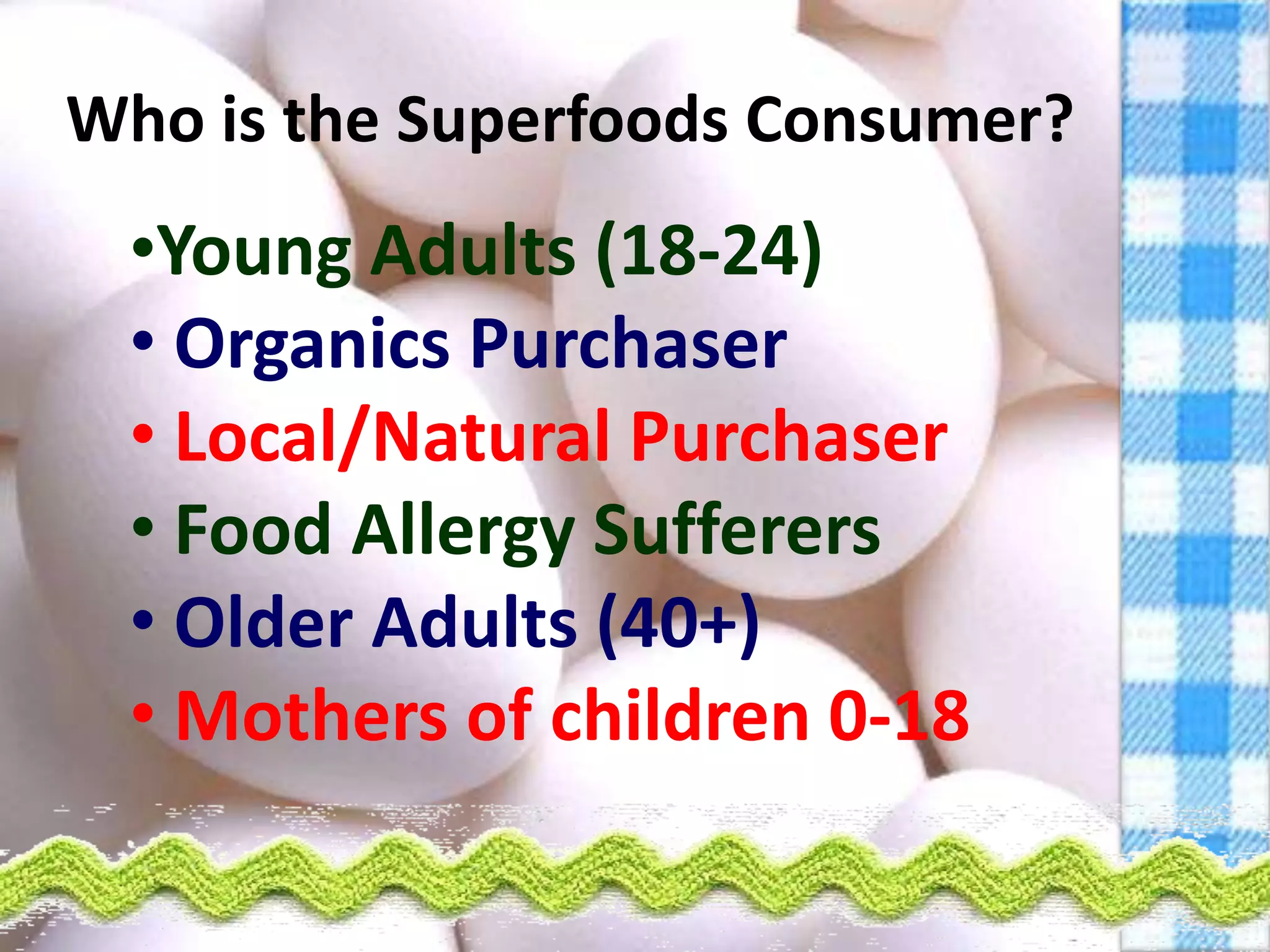 Superfoods Sales SkyrocketTop U.S. Sales representing 21,000 individual U.S. retail storesLaRoche, J. (2011). Super foods. Retrieved from http://www.cnbc.com/id/43005831/Top_Selling_Superfoods_In_The_U_SUSDA AMS. (2011). National fruit & vegetable retail report. Retrieved from http://www.ams.usda.gov/mnreports/fvwretail.pdf
