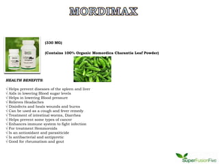 (330 MG)

                        (Contains 100% Organic Momordica Charantia Leaf Powder)




HEALTH BENEFITS:

√   Helps prevent diseases of the spleen and liver
√   Aids in lowering Blood sugar levels
√   Helps in lowering Blood pressure
√   Relieves Headaches
√   Disinfects and heals wounds and burns
√   Can be used as a cough and fever remedy
√   Treatment of intestinal worms, Diarrhea
√   Helps prevent some types of cancer
√   Enhances immune system to fight infection
√   For treatment Hemmoroids
√   Is an antioxidant and parasiticide
√   Is antibacterial and antipyretic
√   Good for rheumatism and gout
 