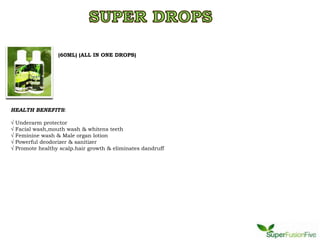 (60ML) (ALL IN ONE DROPS)




HEALTH BENEFITS:

√   Underarm protector
√   Facial wash,mouth wash & whitens teeth
√   Feminine wash & Male organ lotion
√   Powerful deodorizer & sanitizer
√   Promote healthy scalp.hair growth & eliminates dandruff
 