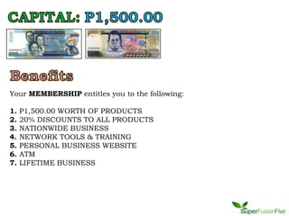 Your MEMBERSHIP entitles you to the following:

1.   P1,500.00 WORTH OF PRODUCTS
2.   20% DISCOUNTS TO ALL PRODUCTS
3.   NATIONWIDE BUSINESS
4.   NETWORK TOOLS & TRAINING
5.   PERSONAL BUSINESS WEBSITE
6.   ATM
7.   LIFETIME BUSINESS
 