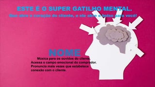 NOME
Música para os ouvidos do cliente.
Acessa o campo emocional do comprador.
Pronuncia mais vezes que estabelece
conexão com o cliente.
ESTE É O SUPER GATILHO MENTAL.
Que abre o coração do cliente, e ele abre o bolso para você!
 