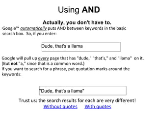 Using  AND Actually, you don't have to. Google™  automatically  puts AND between keywords in the basic  search box.  So, if you enter:                   Dude, that's a llama "Dude, that's a llama" Trust us: the search results for each are very different! Without quotes        With quotes Google will pull up  every  page that has "dude," "that's," and "llama"  on it.  (But  not  "a," since that is a common word.) If you want to search for a phrase, put quotation marks around the keywords:   