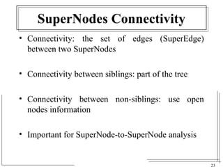 23 
SuperNodes Connectivity 
• Connectivity: the set of edges (SuperEdge) 
between two SuperNodes 
• Connectivity between siblings: part of the tree 
• Connectivity between non-siblings: use open 
nodes information 
• Important for SuperNode-to-SuperNode analysis 
 