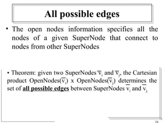 24 
All possible edges 
• The open nodes information specifies all the 
nodes of a given SuperNode that connect to 
nodes from other SuperNodes 
• Theorem: given two SuperNodes vi and vj, the Cartesian 
product OpenNodes(vi) x OpenNodes(vj) determines the 
set of all possible edges between SuperNodes vi and vj. 
 