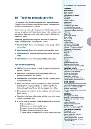 ACFJD skills and procedures
                                                                                                 GENERAL
                                                                                                 Measurement
                                                                                                 Blood pressure
                                                                                                 Pulse oximetry
                                                                                                 Interpretation of results
                    15 Teaching procedural skills                                                Pathology
                                                                                                 Radiology
                                                                                                 Nuclear medicine
                    The Australian Curriculum Framework for Junior Doctors includes a            Intravenous
                    long list of skills and procedures that prevocational trainees need to       Venepuncture
                                                                                                 Intravenous cannulation
                    learn for the safe treatment of patients.                                    Intravenous infusion set up
                                                                                                 Intravenous drug administration
                    Skills training can begin with virtual experience: texts, videos, online     Intravenous fluid and electrolyte
                    tutorials, simulations, but it has to be completed in the workplace with        therapy
                    real patients. Supervisors need to be ready to teach a skill when the        Diagnostic
                                                                                                 Blood sugar testing
                    opportunity arises.                                                          Blood culture
                                                                                                 Wound swab
                    A four-step approach to teaching skills described by Walker and
                                                                                                 Respiratory                                    23
                    Peyton15 and adopted in Teaching on the run,9 is:                            Oxygen therapy
                                                                                                 Nebuliser/inhaler therapy
                    1 Demonstration: Trainer demonstrates at normal speed, without               Bag and mask ventilation
                        commentary.                                                              LMA and ETT placement (ADV)
                                                                                                 Therapeutics/Prophylaxis
                    2 Deconstruction: Trainer demonstrates while describing steps.               Anticoagulant
                                                                                                 Antibiotic
                    3 Comprehension: Trainer demonstrates while trainee describes                Insulin
                        steps.                                                                   Analgesia
                                                                                                 Bronchodilators
                    4 Performance: Trainee demonstrates and describes steps.                     Steroids
                                                                                                 Injections
                                                                                                 Intramuscular injections
                    Tips for skills teaching                                                     Subcutaneous injections
                                                                                                 Joint aspiration or injection (ADV)
                    z   Call for focus: set the scene; motivate (importance to trainee, to       WOMEN’S HEALTH
                        patient, to system).                                                     Palpation of the pregnant abdomen
                                                                                                 Fetal heart sound detection
                    z   Don’t forget fundamentals: hygiene and aseptic technique;                Urine pregnancy testing
                                                                                                 Speculum examination
                        patient communication and consent.                                       Diagnosis of pregnancy
                    z   Demonstration: Make sure the trainee can see. If possible, invite        Endocervical swab / PAP smear
                                                                                                 Gynaecological pelvic examination
                        questions afterwards.
                                                                                                 CHILD HEALTH
                    z   Particularly for more complex procedures, not every step needs           Infant respiratory distress assessment
                        to be taught in every lesson. Begin by establishing what the             Infant/child dehydration assessment
                                                                                                 Apgar score estimation (ADV)
                        trainee already knows. Review unknown steps in more detail.              Newborn examination
                                                                                                 Neonatal and paediatric resuscitation
                    z   Demonstration by the trainer can be combined with performance               (ADV)
                        by the trainee.
                                                                                                 SURGICAL
                    z   Repetition is the key to skills training, with the focus of the lesson   Scrub, gown and glove
                                                                                                 Assisting in the operating theatre
                        moving forward each time.                                                Surgical knots and simple wound
                                                                                                   suturing
                    z   A simple scale for assessing trainee competence in a procedure:          Local anaesthesia
                            5 No errors observed                                                 Simple skin lesion excision
                            4 Occasional errors, corrected by trainee                            Suture removal
                                                                                                 Complex wound suturing (ADV)
                            3 Frequent errors, corrected by trainee
                                                                                                 EAR, NOSE and THROAT
                            2 Frequent errors, not corrected by trainee                          Throat swab
                            1 Trainee unable to proceed without step-by-step instruction.        Anterior rhinoscopy
                                                                                                 Anterior nasal pack insertion
                                                                                                 Auroscopy/otoscopy
                                                                                                 External auditory canal irrigation
                                                                                                 External auditory canal ear wick
                                                                                                   insertion (ADV)

FIRST EDI T I O N                                                                                               CETI TH E S U P E R G U I D E
 