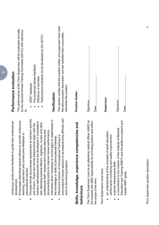 58
       continuous constructive feedback to guide their professional       Performance evaluation
       development.
   •   Encourages attending medical officers to provide continuous        The performance of the Term Supervisor will be evaluated annually
       teaching, supervision and constructive feedback to                 by the General Clinical Training Committee (GCTC) with reference
       prevocational trainees.                                            to:
   •   Provides formal documented assessment at mid-term and the               •    DPET feedback
       end of term. These two formal assessments begin with the                •    Prevocational trainee feedback
                                                                                                                                                               & TRAINING INSTITUTE
                                                                                                                                                               CLINICAL EDUCATION




       trainee’s self-assessment and are developed in consultation             •    Efficiency of activities
       with attending medical officers, registrars, nurses and other           •    Performance indicators (to be developed by the GCTC)
       professional staff. Assessment includes planning and
       documenting actions to improve trainee performance.
   •   Intervenes when necessary to correct gaps or weaknesses in
       the knowledge or skills of prevocational trainees.
                                                                          Verification
   •   Informs the Director of Prevocational Training if a                This section verifies that the position holder and supervisor have read
       prevocational trainee appears to be experiencing difficulty with   the above position description and are satisfied that it accurately
       work or the training program.                                      describes the position.


Skills, knowledge, experience competencies and                            Position Holder
behaviours
The Term Supervisor must be an attending medical officer (AMO) at         Signature.....................................................................
the hospital with AMO responsibility for providing patient care within
the scope of the term.                                                    Date.......................................

Term Supervisors must have:
                                                                          Supervisor
   •   an understanding of the concepts of adult education,
       performance monitoring and quality improvement
   •   superior interpersonal skills
   •   a commitment to the mission of the Institute of Medical            Signature.....................................................................
       Education and Training (IMET) and the ability to present and
       explain IMET goals.                                                Date........................................
                                                                                                                                                                                      TH E S U P E R G U I D E




Term Supervisor position description                                                                                                                       2
 