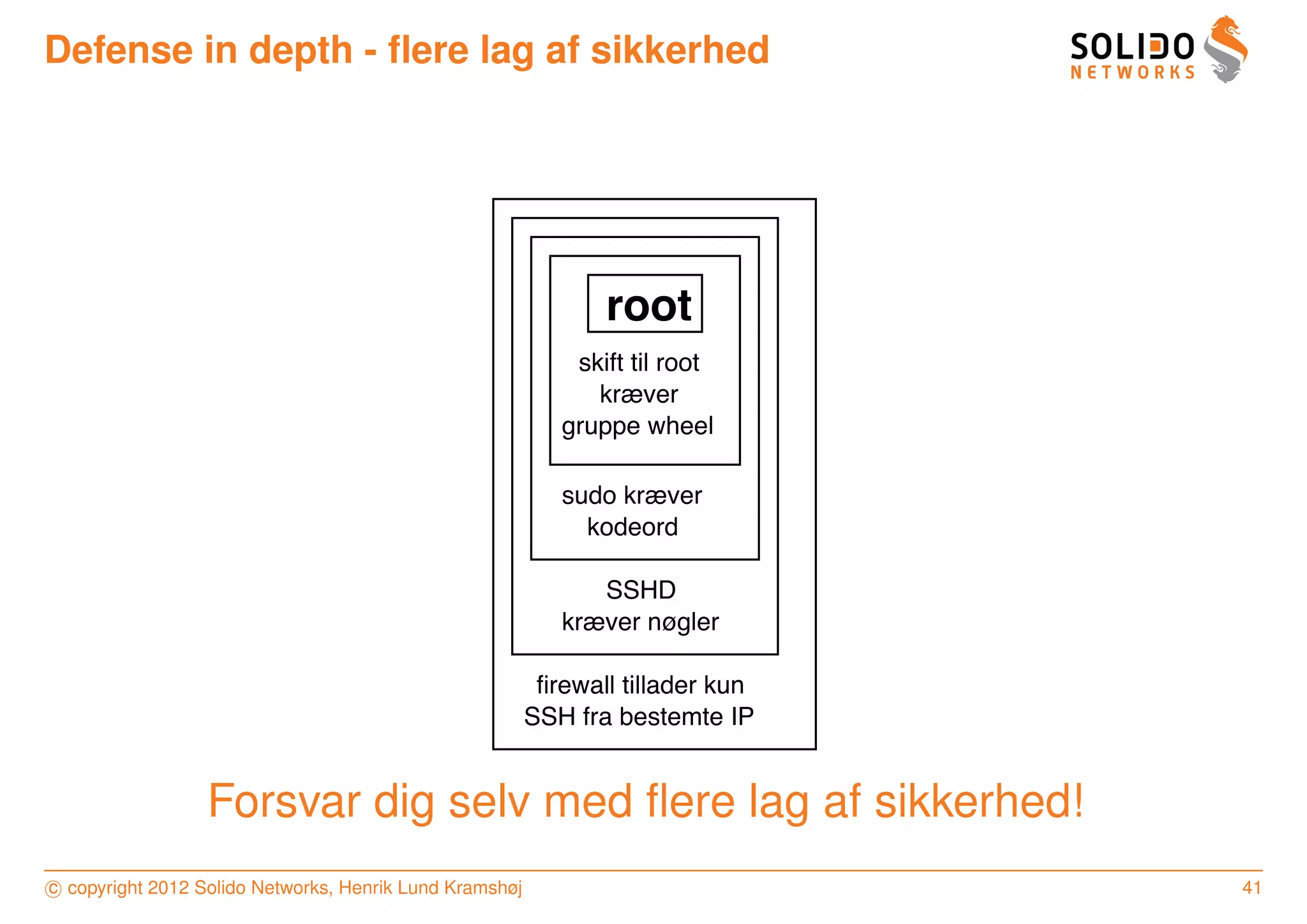 Defense in depth - ﬂere lag af sikkerhed




                                                                root
                                                             skift til root
                                                               kræver
                                                            gruppe wheel

                                                            sudo kræver
                                                              kodeord

                                                               SSHD
                                                            kræver nøgler

                                                          ﬁrewall tillader kun
                                                         SSH fra bestemte IP


                  Forsvar dig selv med ﬂere lag af sikkerhed!
c copyright 2012 Solido Networks, Henrik Lund Kramshøj                           41
 